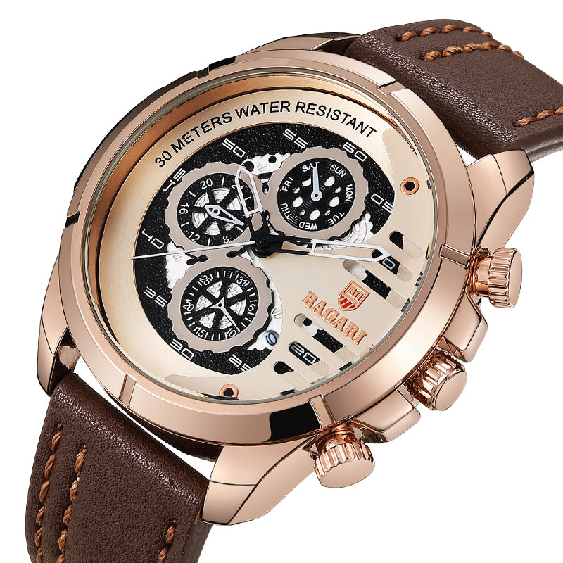 BAGARI 1802P Fashion Men Watch 3ATM Waterproof Week Display Leather Strap Quartz Watch