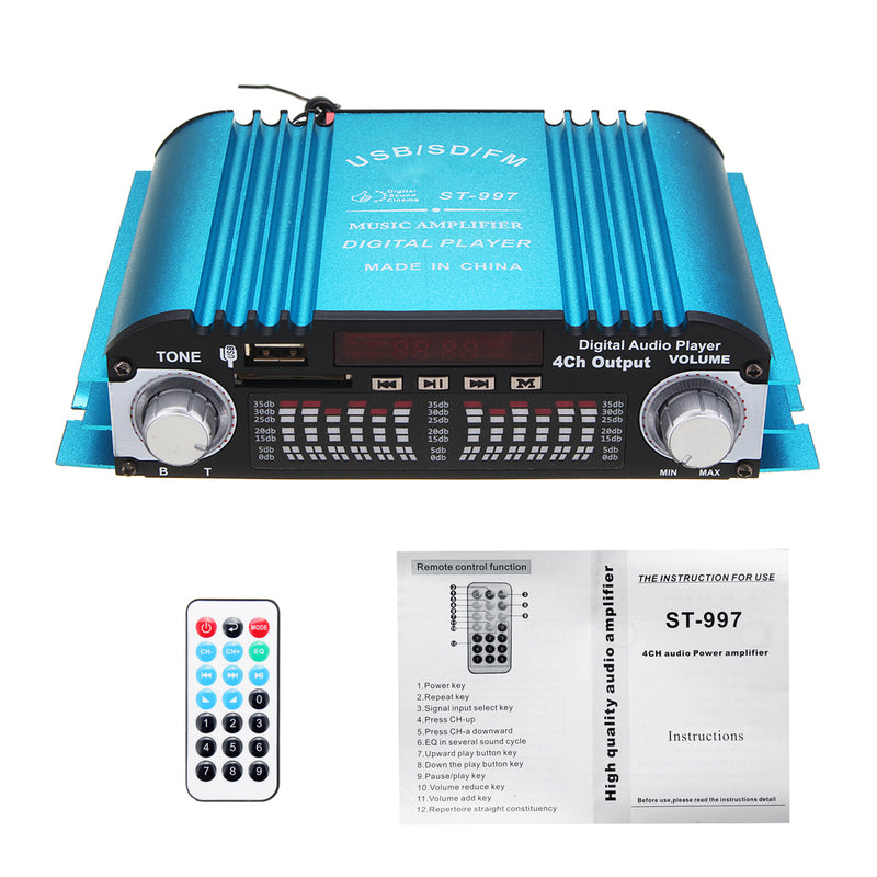 360W DC 12V Digital Audio Stereo Amplifier 4CH USB SD FM + Remote Control