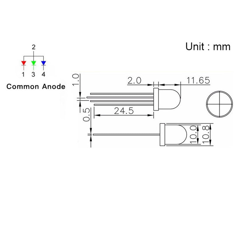 50PCS Frosted 10mm RGB LED Diode Lights Common Anode 20mA Tricolor Diffused Round Light-Emitting Lamp