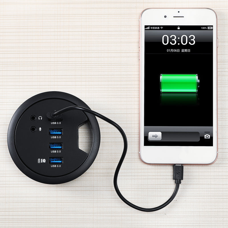 USB 3.0 to 3-Port USB 3.0 3.5mm Audio SPK Mic Hub Office Hole Table Hub with Power Adapter