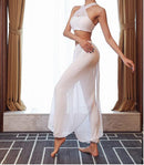 White Cinch-Bottom Loose yarn Mesh Yoga Pants High Waist Elastic Solid Black Dance Trousers Fitness