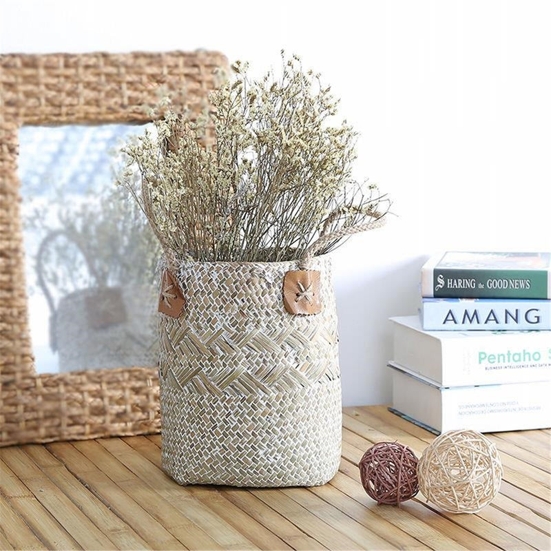 Straw Woven Flower Pot Portable Plant Storage Baskets Flower Vase Handmade Hanging Basket Home Decor