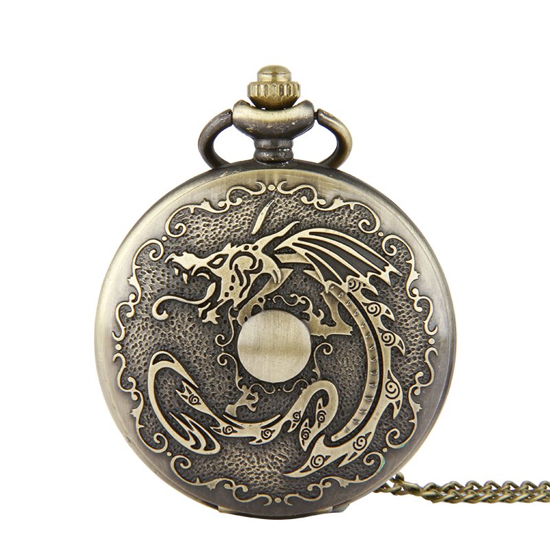 DEFFRUN Retro Bronze Classic Dragon Pattern Chain Quartz Pocket Watch
