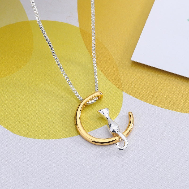 Trendy Cute Moon Cat Necklace Geometric Animal Pendant Necklace Clavicle Chain