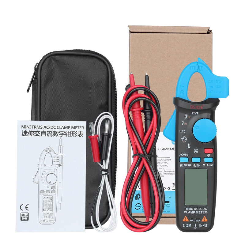 BSIDE ACM91 Digital AC/DC Current Clamp Meter Auto-Range Car Repair TRMS Multimeter Live Check NCV Frequency Capacitor Tester-Blue