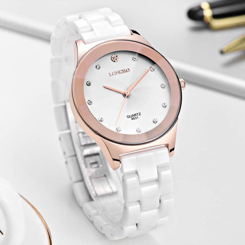 LONGBO 8631 White Ceramic Diamond Couple Watch Waterproof Casual Style Unisex Quartz Watch