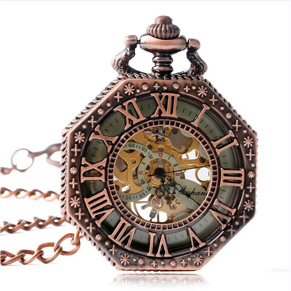 JIJIA JX026 Octagon Shape Red Copper Roman Numerals Dial Mechanical Watch Pocket Watch