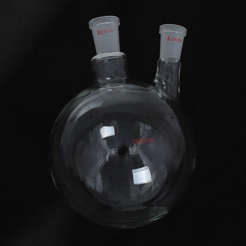 2000mL 24/40 Joint 2 Neck Round Bottom Glass Flask Double Neck Lab Chemistry Boiling Bottle