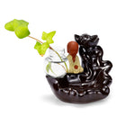 Ceramic Backflow Cone Holder Incense Burner Monk Smoke Buddhist Scents + Glass Pot