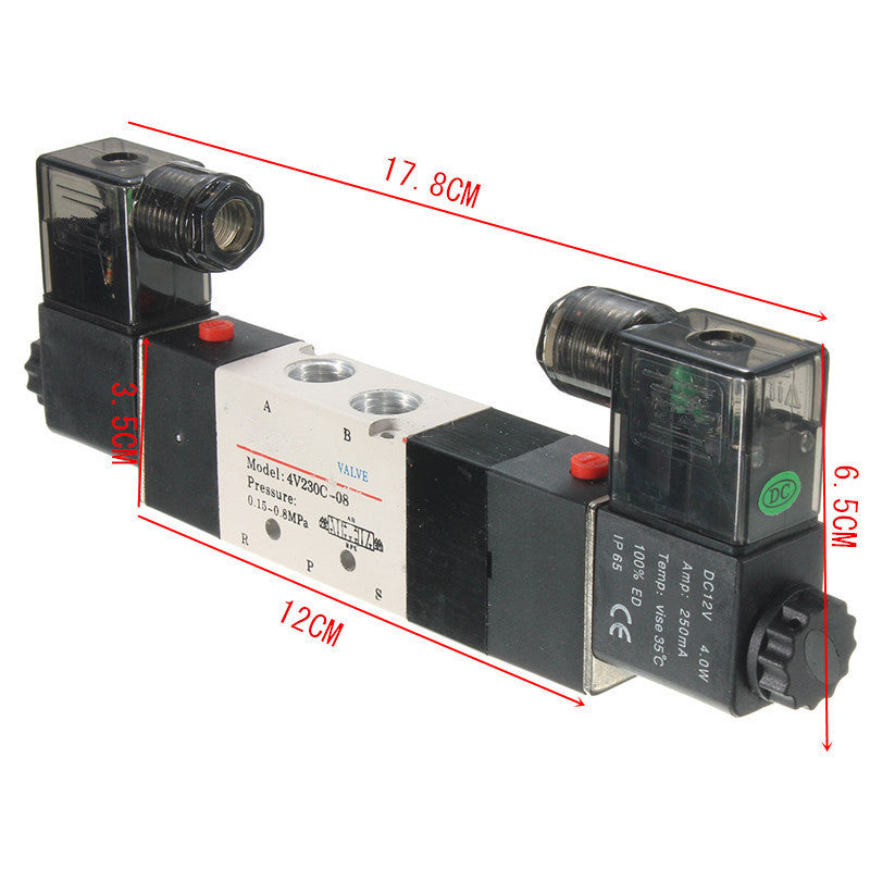 4V230C-08 DC 12V Double Head 3 Position 5 Way Pneumatic Solenoid Valve
