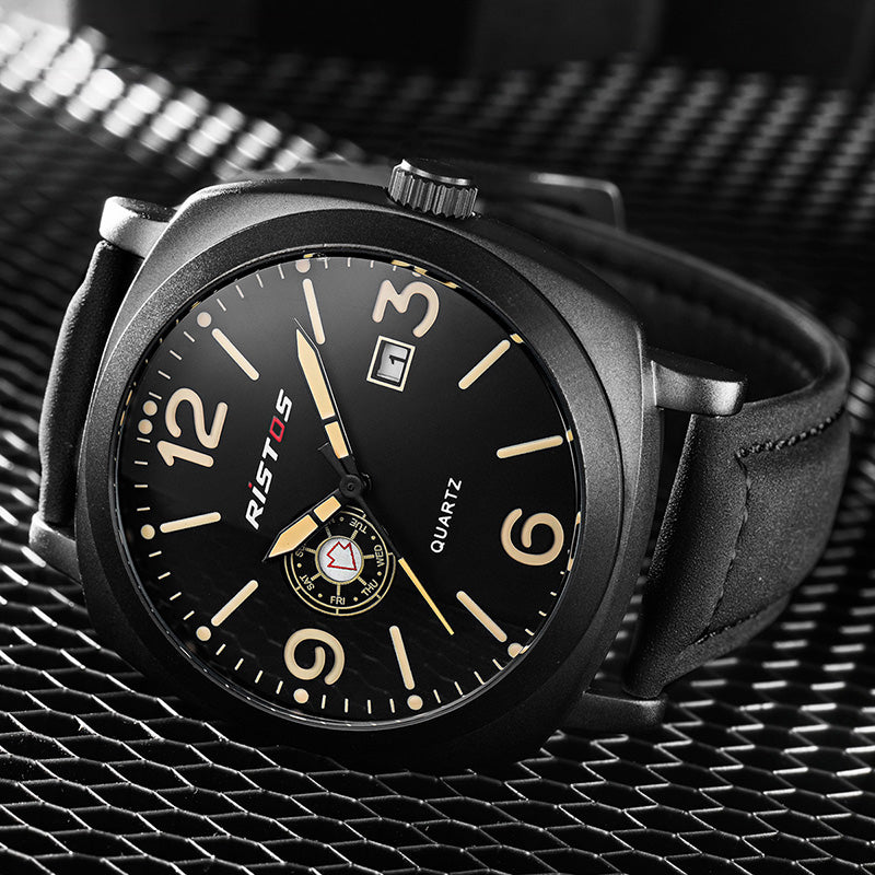 Ristos 9336 Business Style Male Wristwatch Calendar Leather Band Quartz Watch