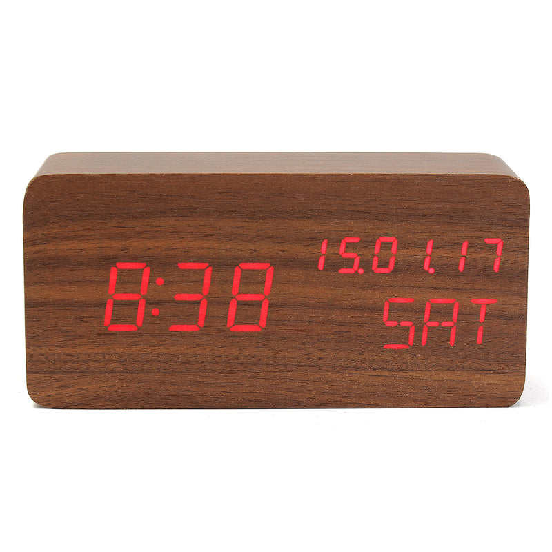 Wooden LED Digital Alarm Clock Dual Voice Control Calendar Thermometer