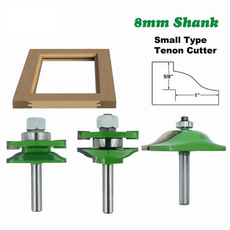 3pcs 8mm Shank Tenon Router Bit Cabinet Door Panel Milling Woodworking Cutter