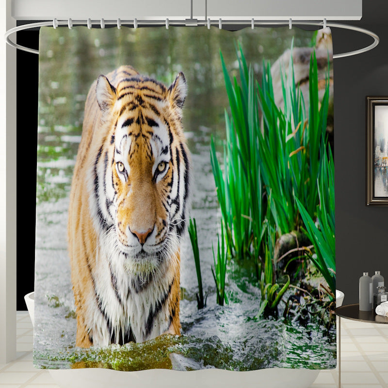 1.8M Bath Bathroom Decor Shower Curtain Set Tiger Lion Prints Polyester 12 Hook