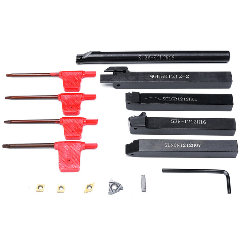 5pcs 12mm Shank Turning Tool Holder Set with Inserts Blade Wrench for Bench Lathe CNC