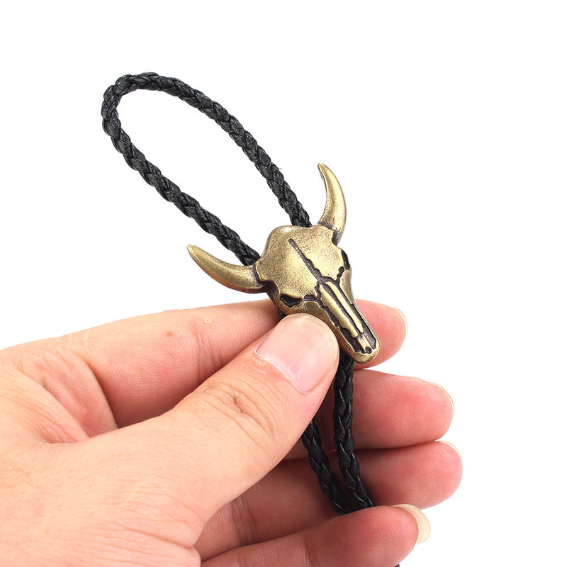 Punk Zinc Alloy Ox Head Skull Necklace Men's Adjustable Lariat Leather Clothing Accessory