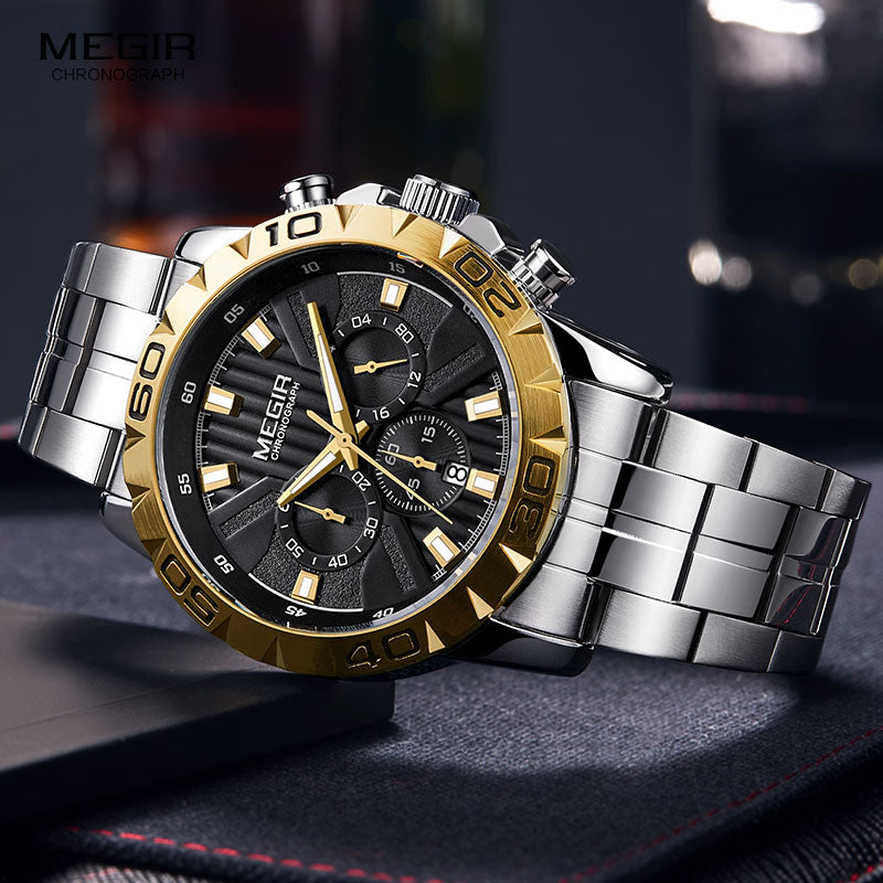 MEGIR 2087 Business Hardlex Mirror Luminous Waterproof Quartz Watch Stainless Steel Men Wrist Watch
