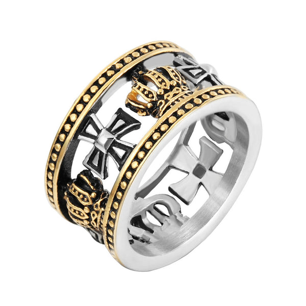 REZEX 13mm Vintage Personality Ring Crown Cross Men's Stainless Steel Finger Rings With Case