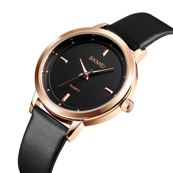 SKMEI 1457 Women Fashion Simple Dial Rose Gold Case Leather Strap Quartz Watch