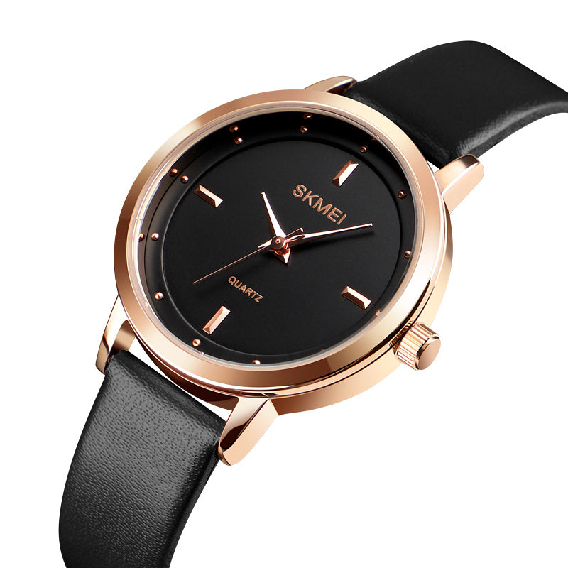 SKMEI 1457 Women Fashion Simple Dial Rose Gold Case Leather Strap Quartz Watch