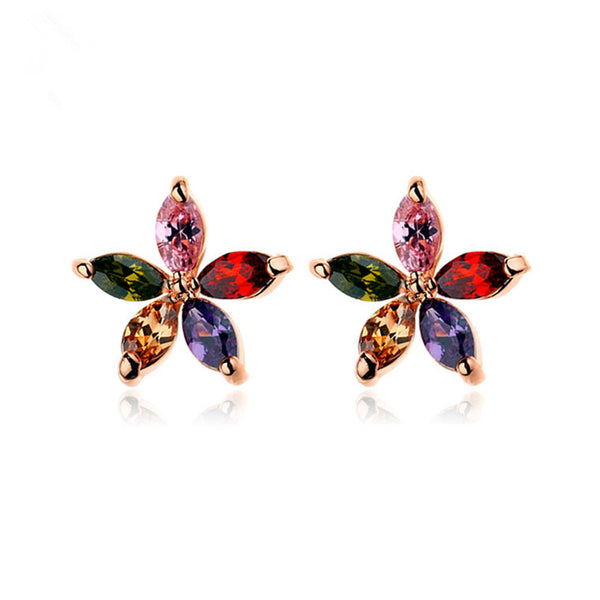 Luxury Rose Gold Earring Colorful Zirconia Flower Stud Earrings Classic Fine Jewelry for Women