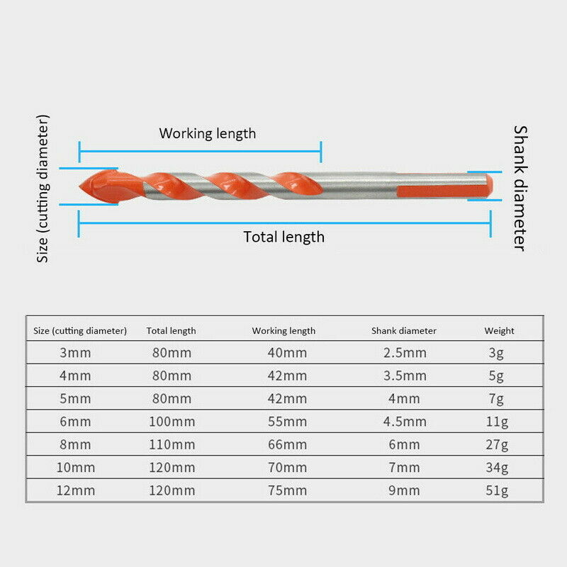 7Pcs 3-12mm Triangular-overlord Handle Multifunctional Auger Drill Bits for Tile Glass Brick Wall Wood