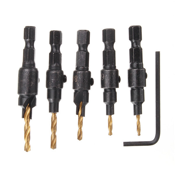 5pcs HSS 5/6/8/10/12 Countersink Chamfer Drill Bit Set Pilot Hole Woodworking Tool