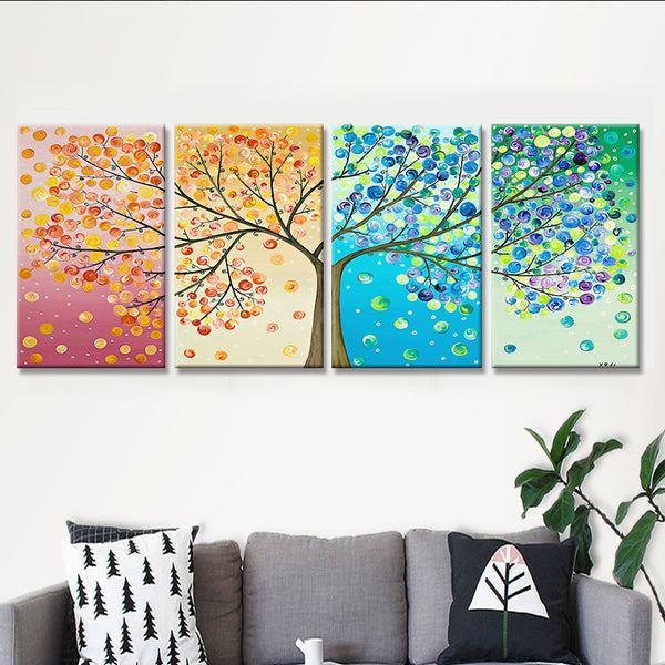 Miico Hand Painted Four Combination Decorative Paintings Four-Color Life Tree Wall Art For Home Decoration