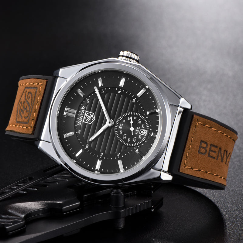 BENYAR 5125M Sport Men Watch 3ATM Waterproof Calendar Leather Strap Quartz Watch