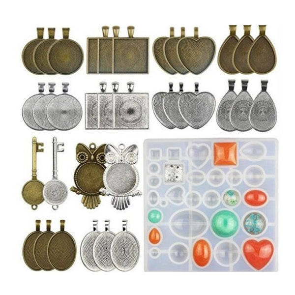 35Pcs/Set Pendant Trays Set DIY Jewelry Bezel Making Crystal Bracelet Pendant Silicone Resin Mould Jewelry Casting Molds Kit Vintage Base