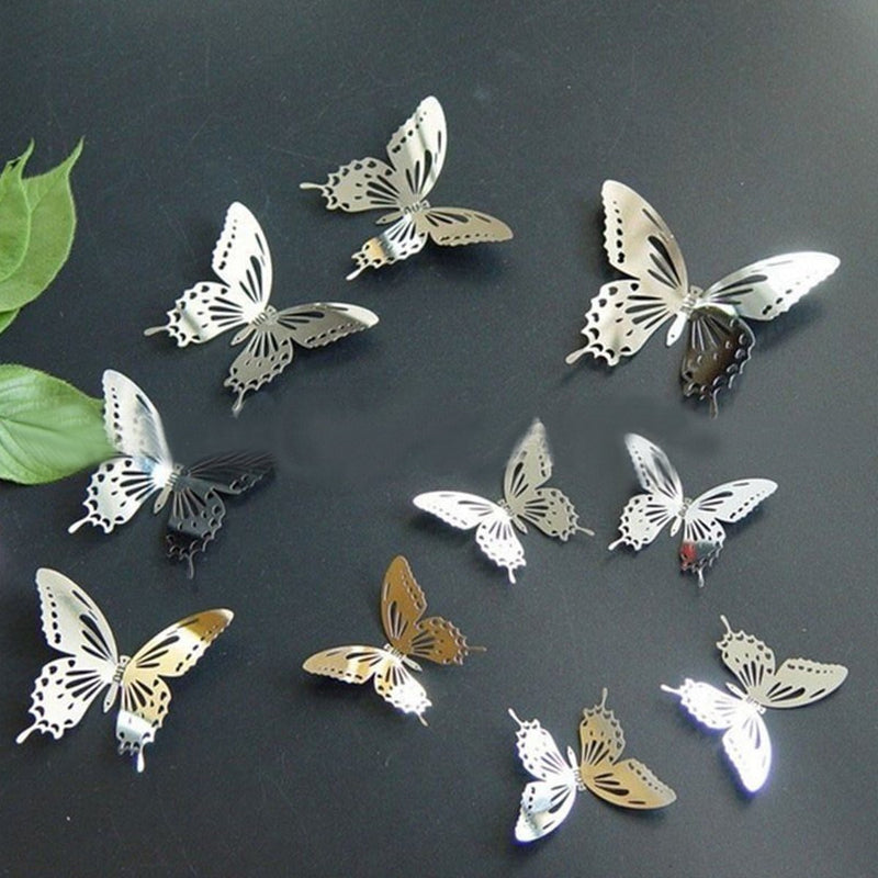 10Pcs 3D Stainless Butterfly Wall Stickers Silver Mirror Decals Mural Home Decorations