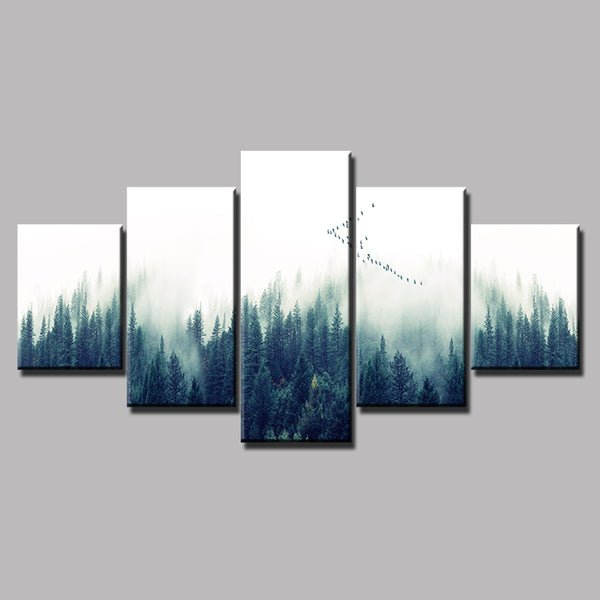 Loskii Spray Oil Paintings Canvas Five Combination Decorative Paintings Forest Landscape Wall Art For Home Decorations
