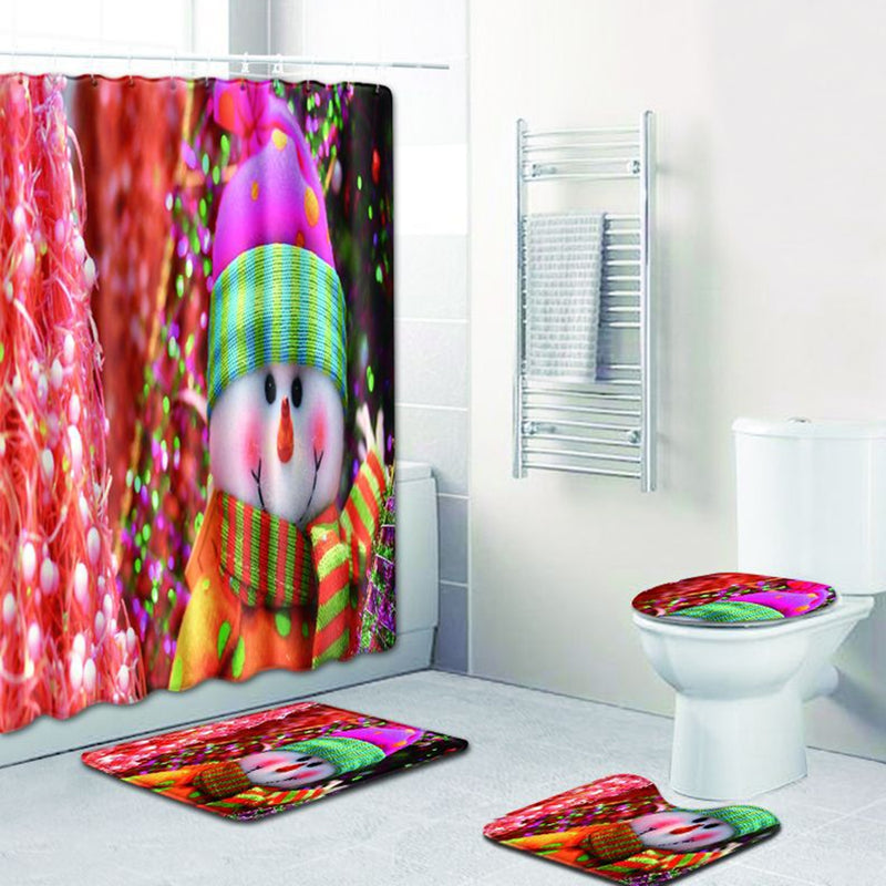 4PCS Xmas Bath Mat Set Non-slip Floor Rug Bathmat Toilet Cover Shower Curtain