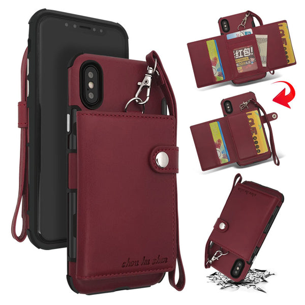 Bakeey Wallet Protective Case With Strap For iPhone X PU Leather Card Slots Pocket