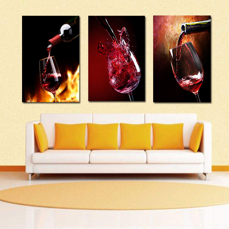Miico Hand Painted Three Combination Decorative Paintings Red W-ine Glass Wall Art For Home Decoration