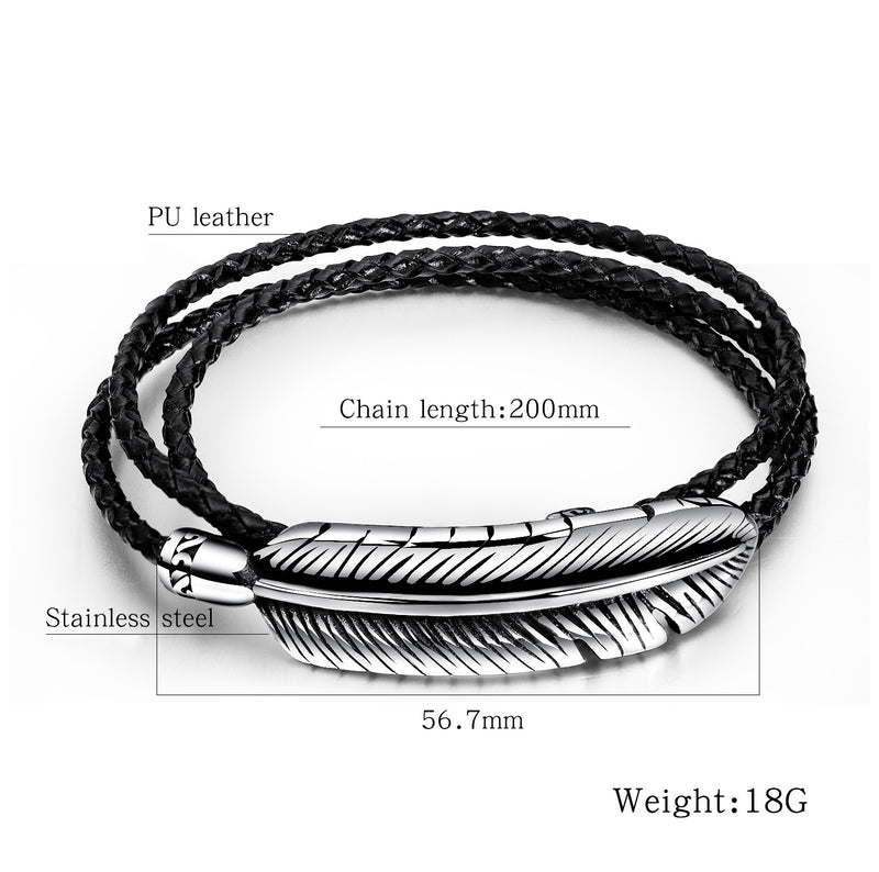 Titanium Steel Men's Feather Multi-layer Stainless Steel Braided Leather Bracelet