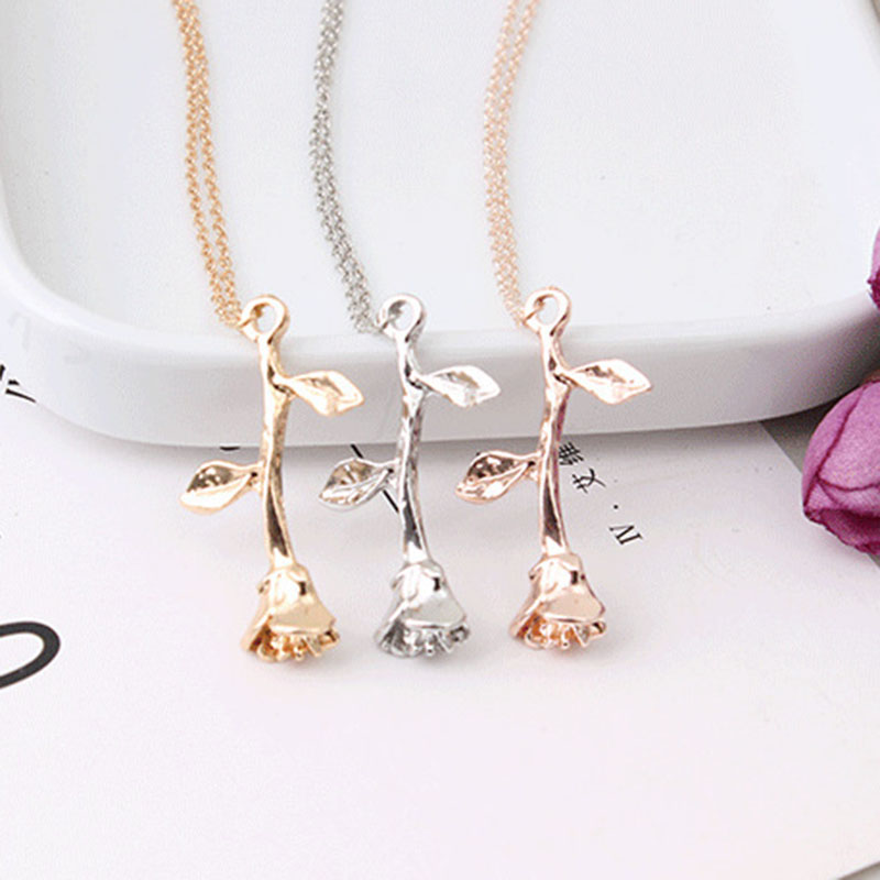 Trendy Three-color Rose Flower Pendant Necklace Valentine's Day Gift Ladies Jewelry