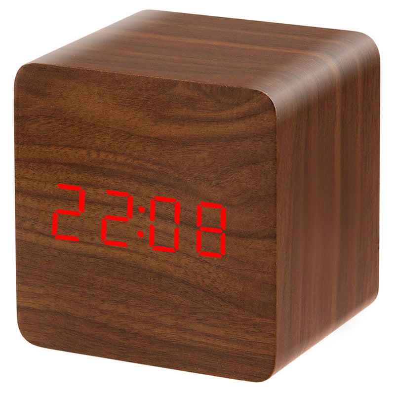 Voice Activated Electronic LED Display Wooden Alarm Clock Temp Display Power Off Memory Function