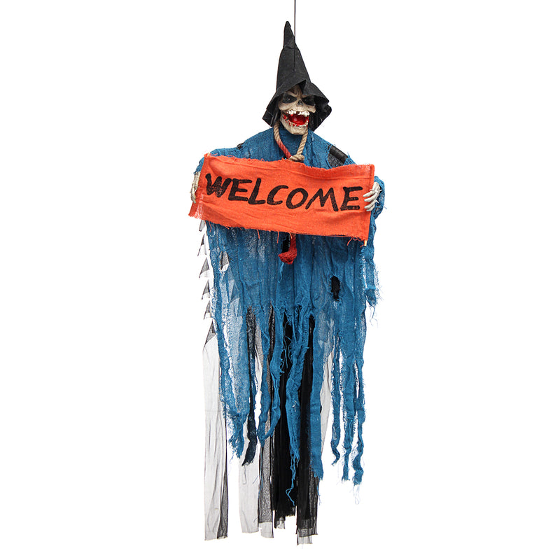Halloween Tools Scary Welcome Sign Hanging Skeleton Voice Lights Eyes for Halloween Decorations