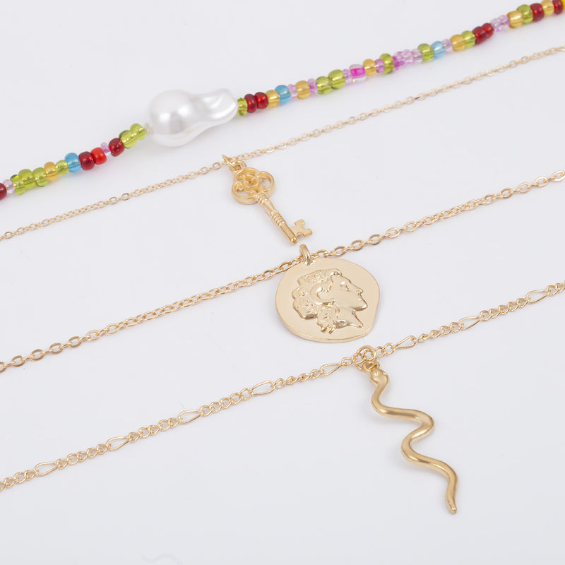 Trendy Geometric Key Snake Pendant Chain Necklace Multi-layer Color Rice Beaded Pearl Necklace