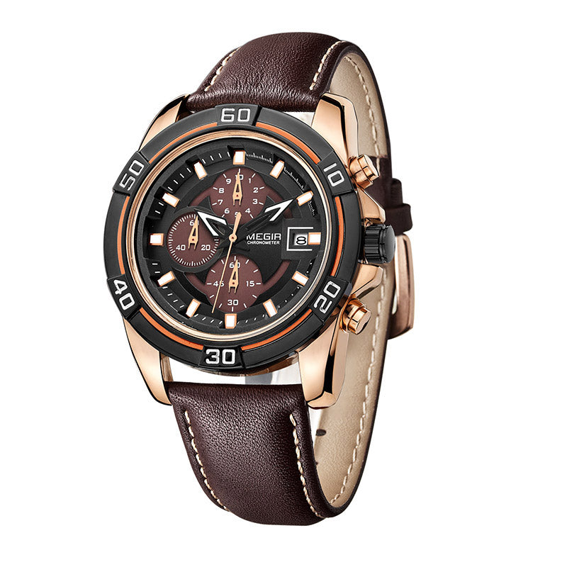 MEGIR 2023 Men Watch Luxury Leather Strap Chronograph Casual Male Quartz Wrist Watch