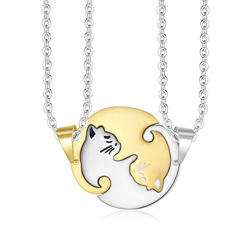 Trendy Geometric Animal Stainless Steel Necklace Cute Sweet Cat Pendant Puzzle Couple Necklace