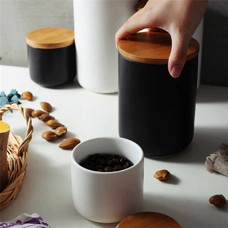 Ceramic Storage Jars Wooden Lids Tea Coffee Sugar Canisters Kitchen Container
