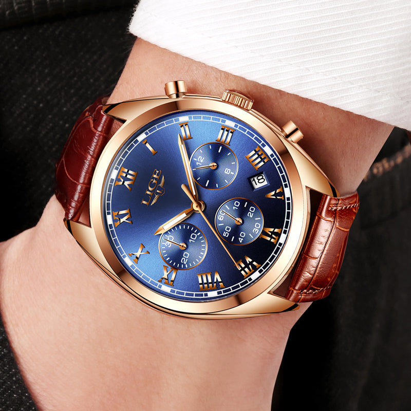 LIGE 9852 Waterproof Luminous Display Men Wrist Watch Fashion Leather Strap Quartz Watch