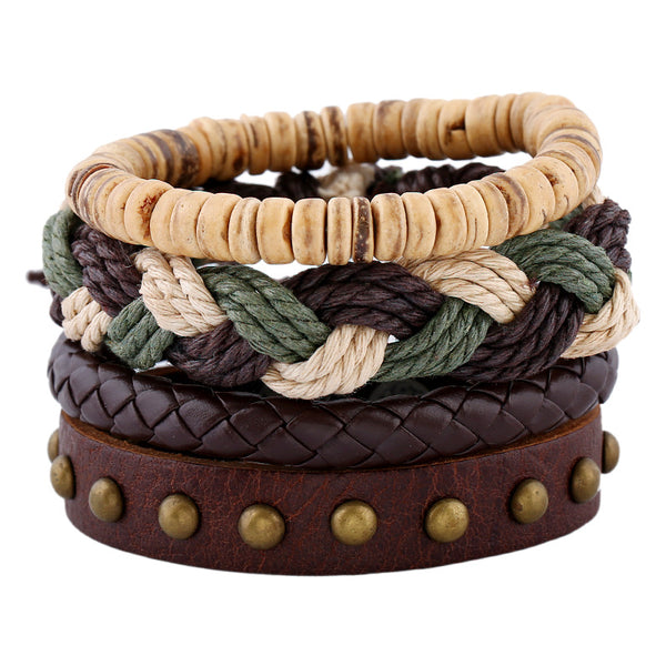 Bohemian Weave Hemp Rope Bracelet Vintage Multilayer Cowhide Leather Bracelets Jewelry for Men