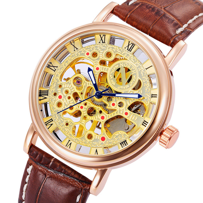 NORTH 1218 Waterproof Skeleton Men's Wrist Watch Gold Case Skeleton Hand Wind Mechanical Watches