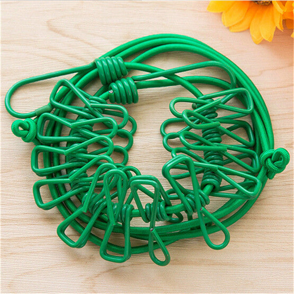 Portable Retractable Clothesline Windproof Stretch Drying Rack 12 Clips Iron-Wire PP Clothesline