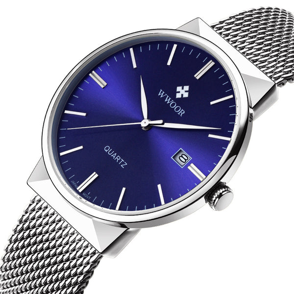 WWOOR 8826 Ultra Thin Stainless Steel Watches Men Fashion Calendar Quartz Watch