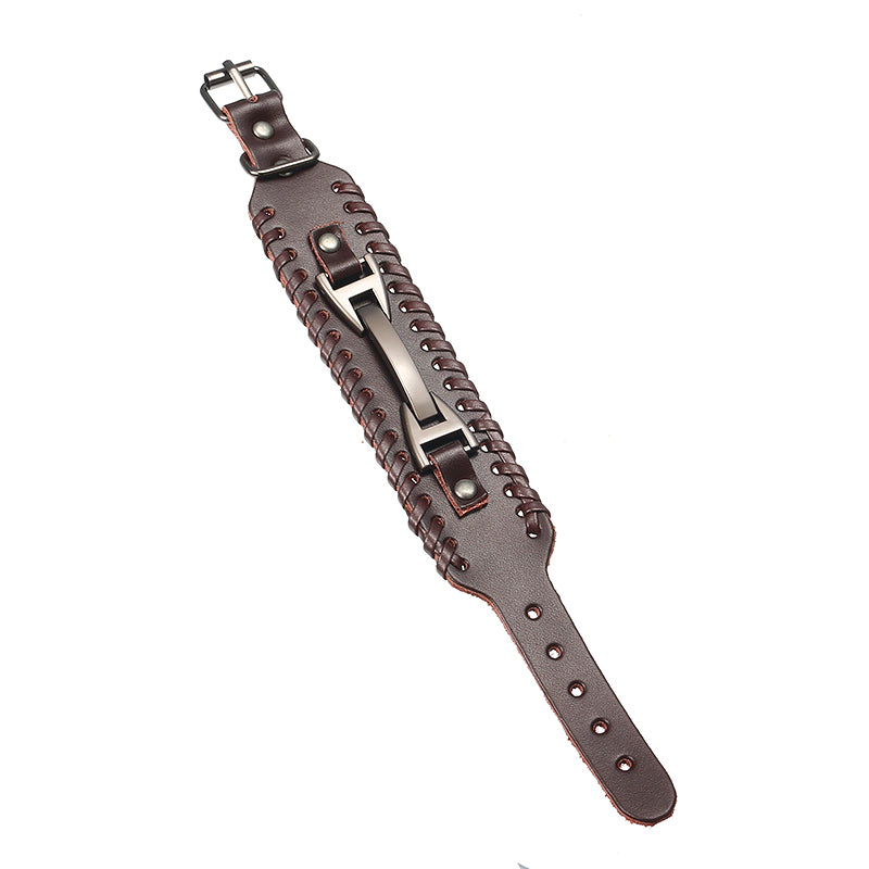 Punk Genuine Leather Bangle Chain Handmade Alloy Woven Wide Adjustable Men Bracelet