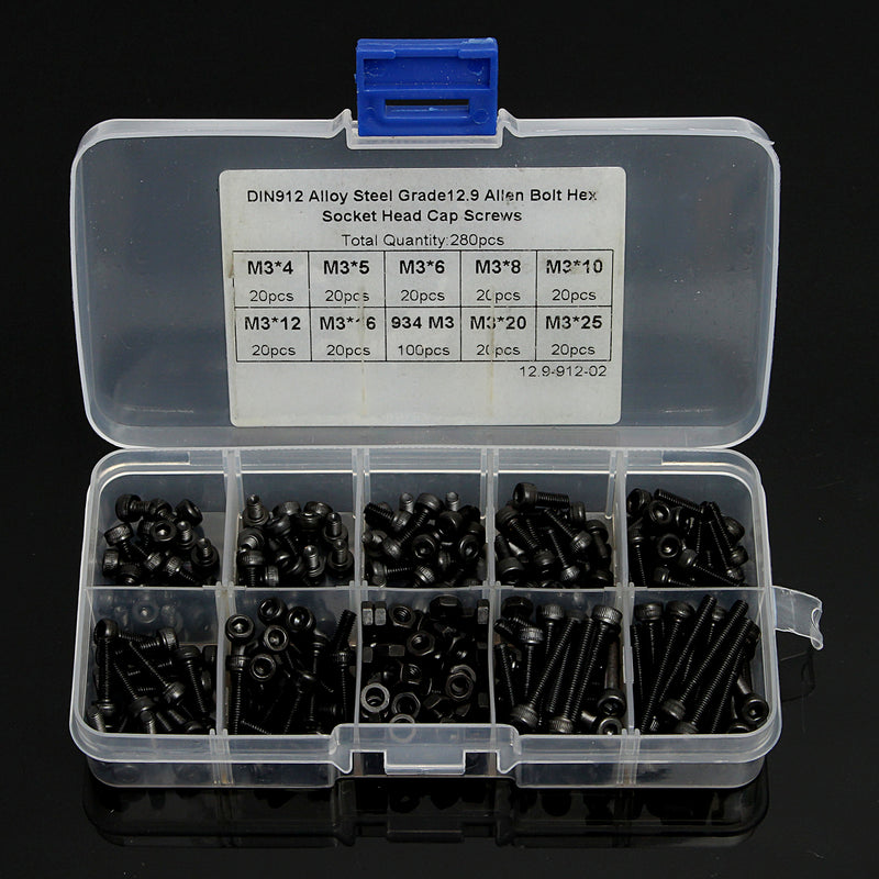 Suleve M3AH2 280pcs M3 Hex Socket Screws Allen Bolt Assortment with Nuts Grade 12.9 Alloy Steel